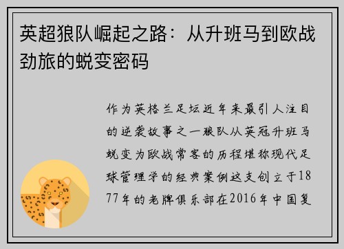 英超狼队崛起之路：从升班马到欧战劲旅的蜕变密码