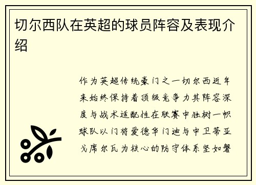 切尔西队在英超的球员阵容及表现介绍